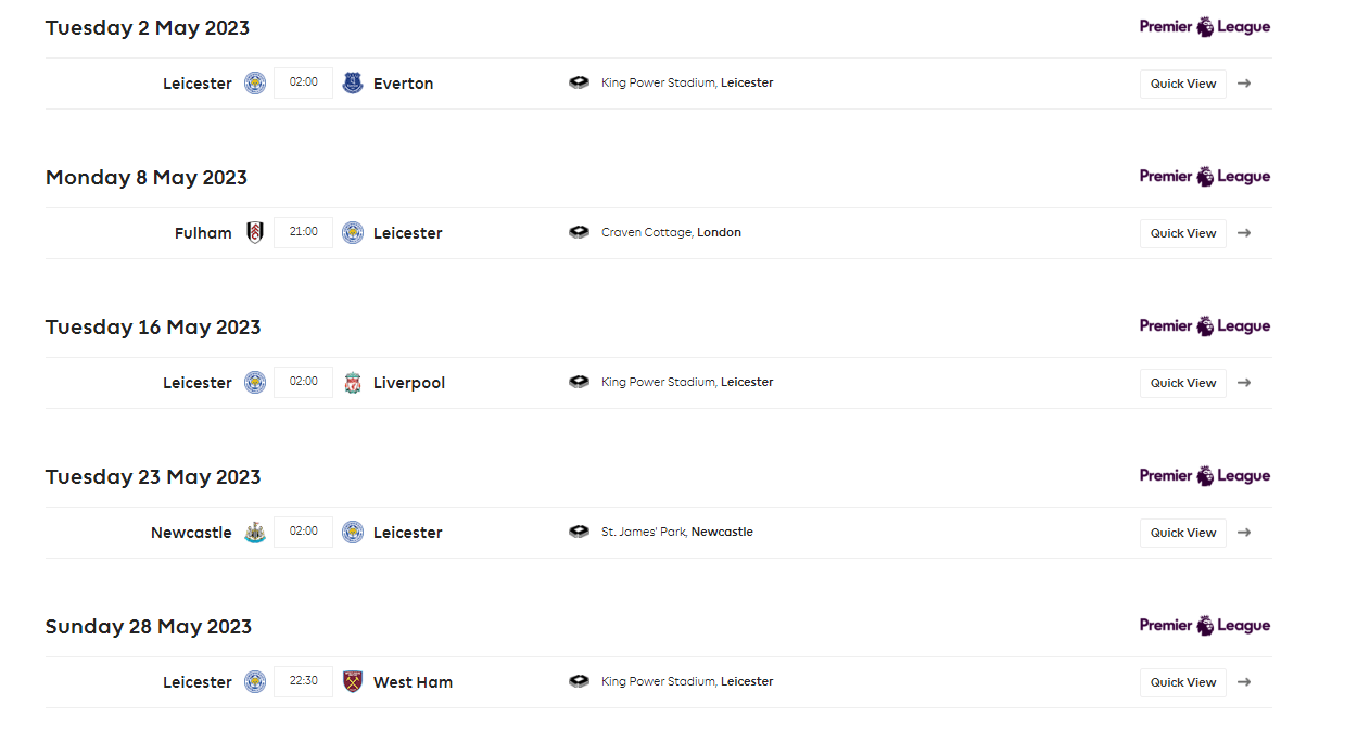 Lịch thi đấu 5 trận còn lại của Leicester City trong mùa giải này