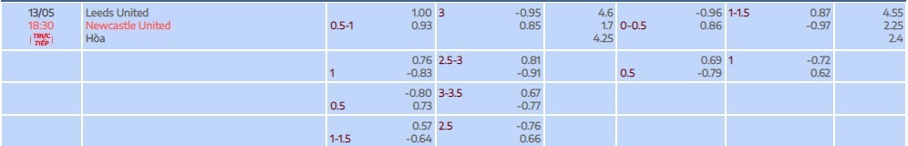 tỷ lệ kèo Leeds vs Newcastle vòng 36 Premier League tại Bóng Đá Số Fun