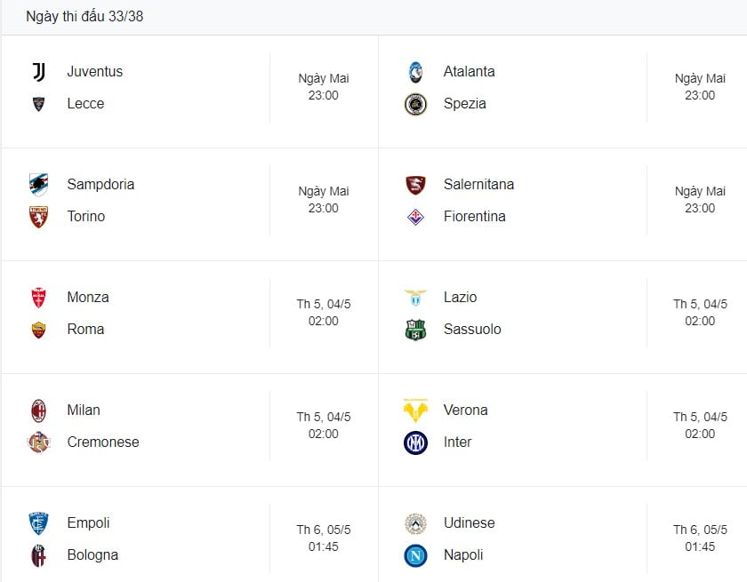 Lịch thi đấu Serie A vòng 33