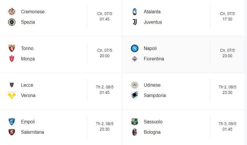 Lịch thi đấu các trận đấu còn lại vòng 34 Serie A